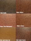 Hide-A-Way-Doors hidden door wood stain samples showing Saddle Walnut Red Mahogany Cherry Light Golden Oak and English Chestnut