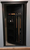 Black hidden pool cue rack door by Hide-A-Way-Doors with shelves and cue storage inside