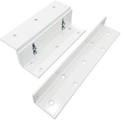 White inswing mounting bracket for hidden doors with multiple screw holes and adjustable fittings