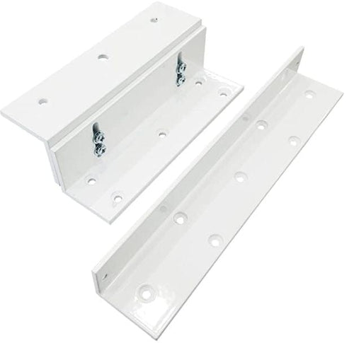 White inswing mounting bracket for hidden doors with multiple screw holes and adjustable fittings