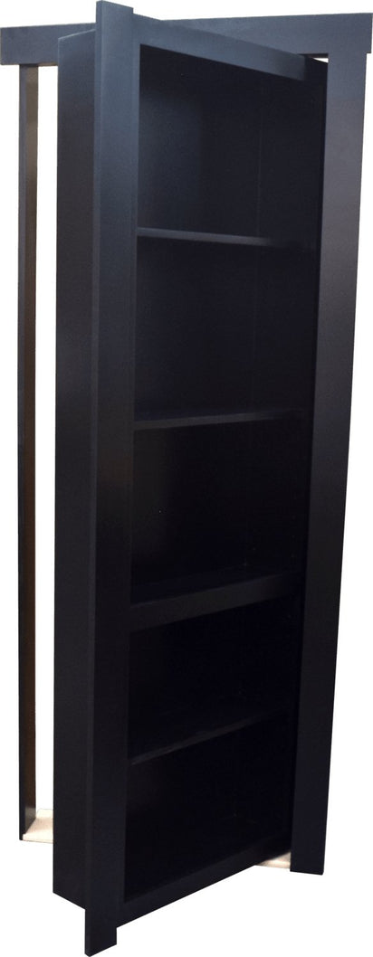 Black hidden bookshelf door by Hide-A-Way-Doors with multiple shelves for concealed storage