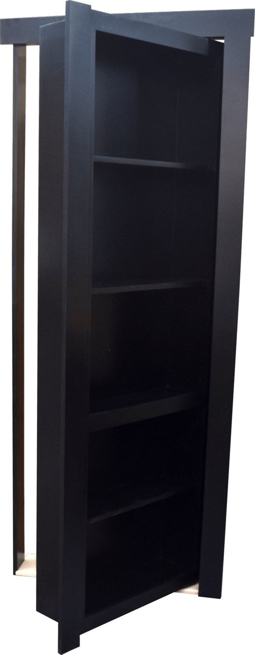 Black hidden bookshelf door by Hide-A-Way-Doors with multiple shelves for concealed storage