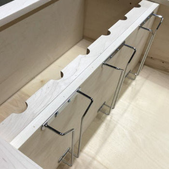 Light wood adjustable wine bottle shelf with metal supports designed to hold multiple bottles securely