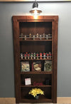 Hide-A-Way-Doors hidden spice organizer door with wooden frame and multiple shelves displaying spices and decor